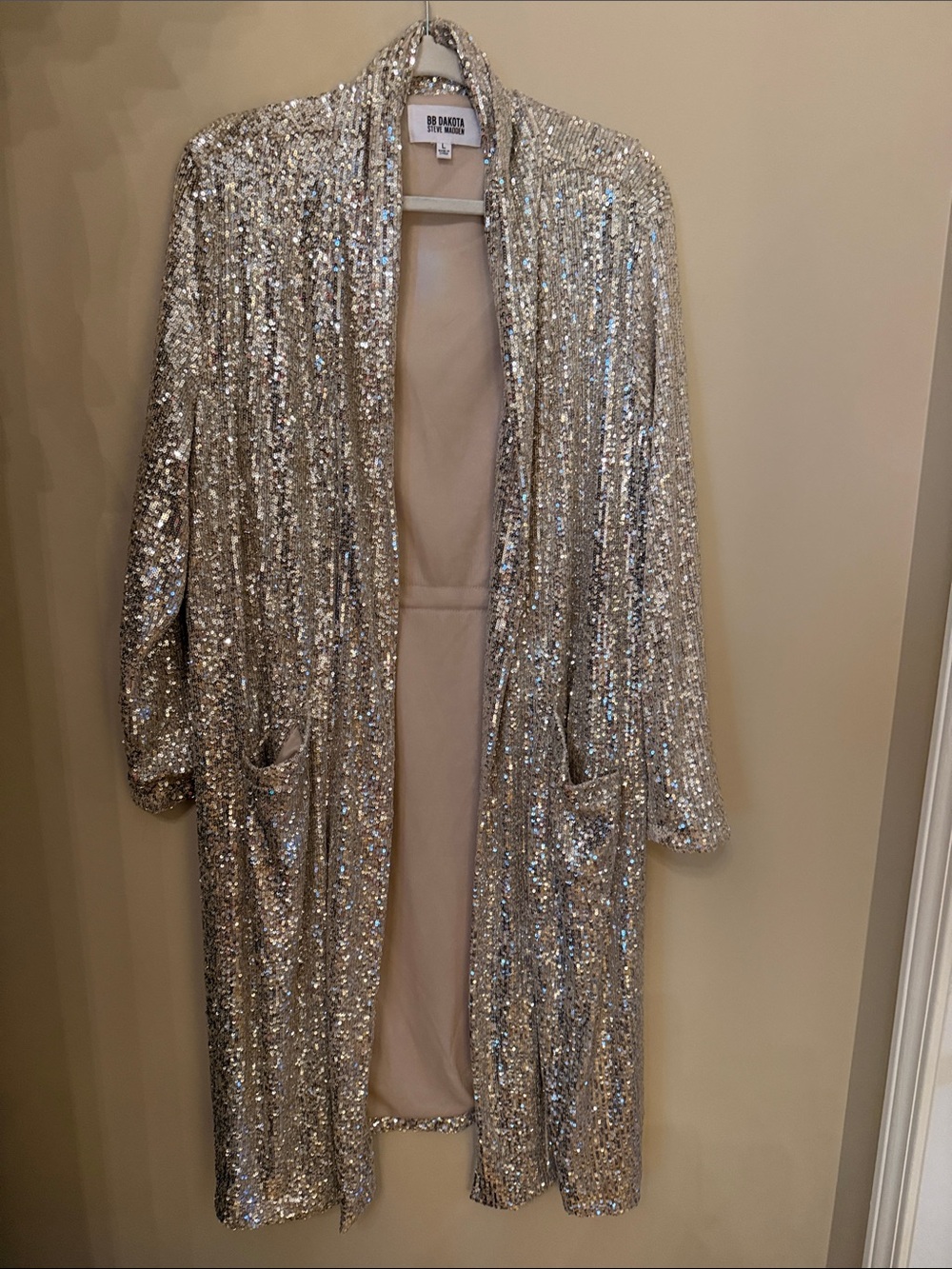 Steve Madden Silver Sequin Open-Front Duster. worn once
